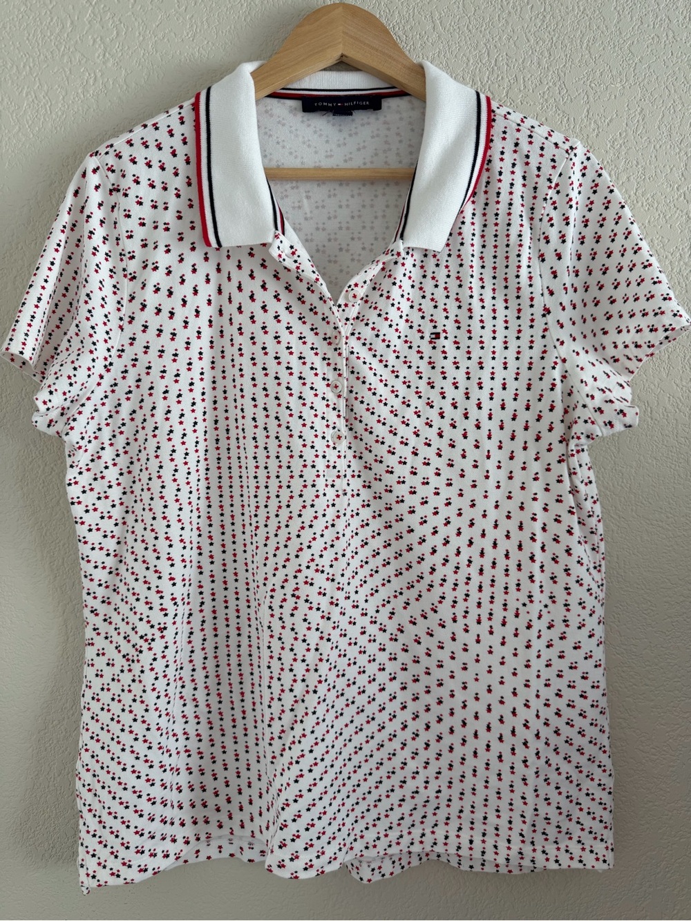 Tommy Hilfiger Polo Shirt Red White Blue Star Print Sz XL